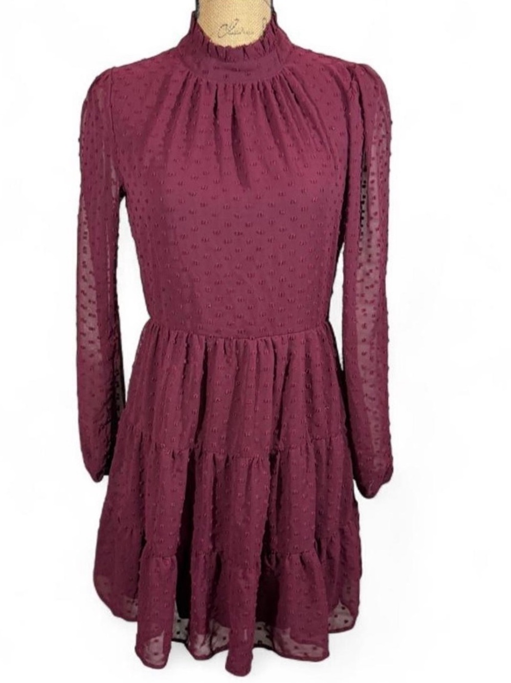 Altar'd State Burgundy Swiss Dot Mock Neck Mini Dress Small